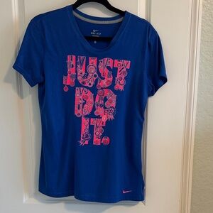 Nike Women's Dri-Fit Blue Tee with Pink Graphic